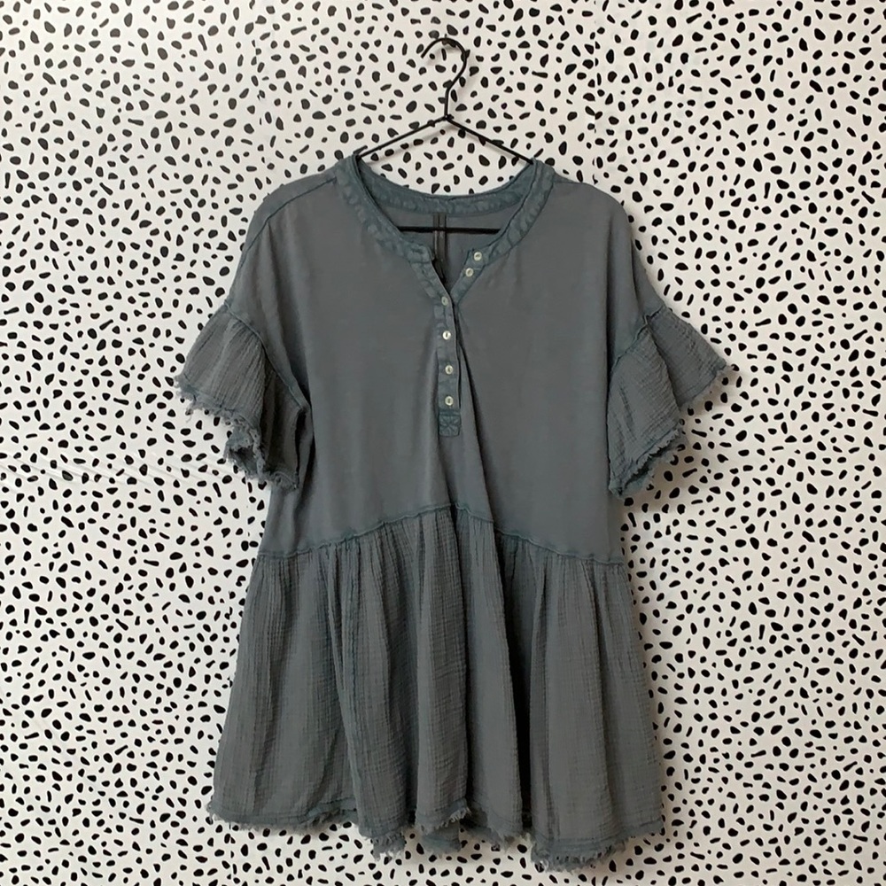 Anthro Muslin Trim Blue Babydoll Tunic Mini Dress